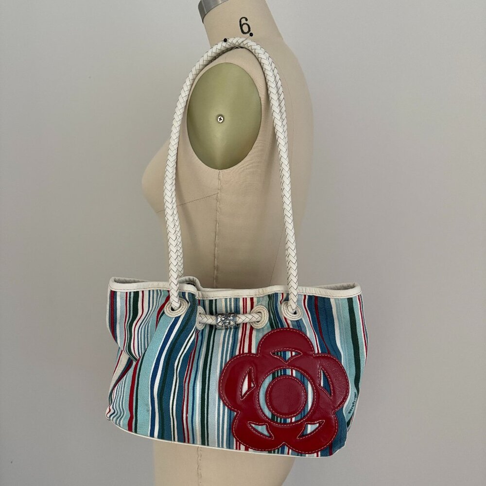 Brighton Multicolor Stripe Canvas Leather Shoulder Bag Flower Design Boho Chic